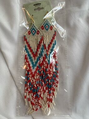 Beaded Fringe Dangle Earrings - White, Red & lighter Blue